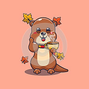 Cute otter with coffee in autumn season.