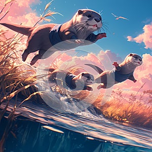 Cute Otter Family on a Mission