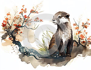 The cute otter painted in the way of chinese style surrounded by colorful plants.