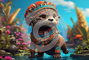 a cute otter wearing aztec custome