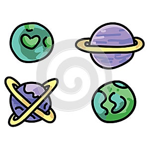 Cute outer space planets cartoon vector illustration motif set. Hand drawn isolated galaxy elements clipart for
