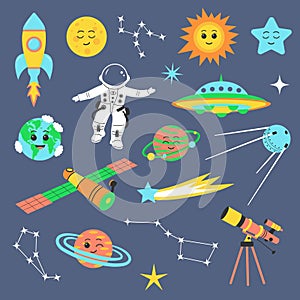 Cute outer space universe set. Cosmic bundle with cartoon planets, spaceship