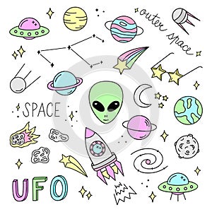 Cute outer space vector objects and writings