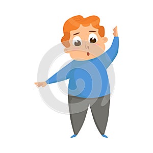 Cute Overweight Chubby Boy, Cheerful Fat Unhealthy Kid Character Doing Sports Exercise Cartoon Style Vector Illustration