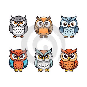 Cute owl birds set isolated on white background. Colorful cartoon owls.