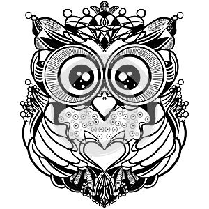 Cute owl  is from black lines with big eyes on a white background.