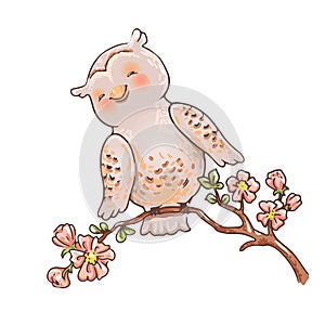 Cute owl on a branch. Spring kids illustration