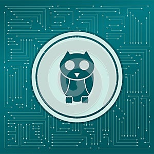 Cute owl cartoon character icon on a green background, with arrows in different directions. It appears the electronic board.