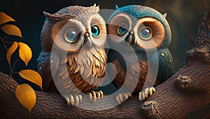 Cute owl couple colorful illustration Generative AI