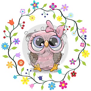 Cute Owl in a flowers frame