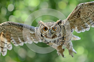 The cute owl fluttering in the air on green background