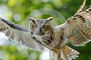 The cute owl fluttering in the air on green background