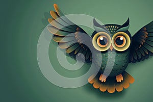 The cute owl fluttering on green background