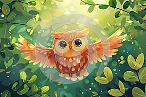 The cute owl fluttering on green background