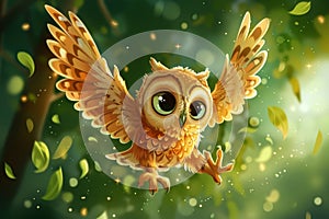 The cute owl fluttering on green background