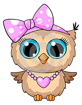 Cute owl girl in pink bow and heart necklace. Cartoon bird character