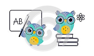 Cute Owl in Glasses on Pile of Books and with Pointer Near Blackboard Vector Set