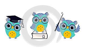 Cute Owl in Glasses Wearing Graduation Hat and Holding Pointer Vector Set