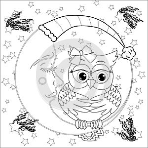 Cute owl on half moon with stars. Adult anti stress coloring book