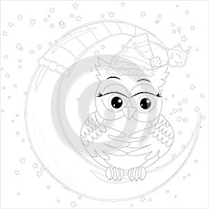 Cute owl on half moon with stars. Adult anti stress coloring book