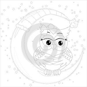 Cute owl on half moon with stars. Adult anti stress coloring book