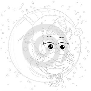 Cute owl on half moon with stars. Adult anti stress coloring book