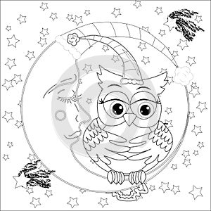 Cute owl on half moon with stars. Adult anti stress coloring book