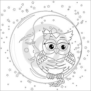 Cute owl on half moon with stars. Adult anti stress coloring book