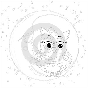 Cute owl on half moon with stars. Adult anti stress coloring book