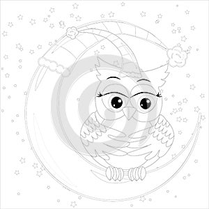 Cute owl on half moon with stars. Adult anti stress coloring book or tattoo boho style