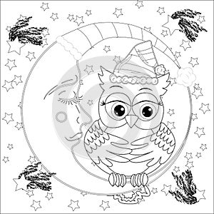 Cute owl on half moon with stars. Adult anti stress coloring book or tattoo boho style