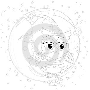 Cute owl on half moon with stars. Adult anti stress coloring book or tattoo boho style