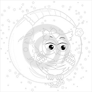 Cute owl on half moon with stars. Adult anti stress coloring book or tattoo boho style