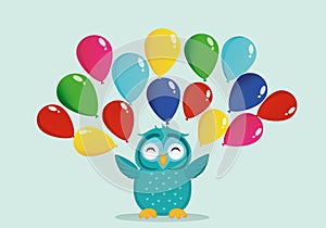 A cute owl has a happy smile and flips many colorful balloons.