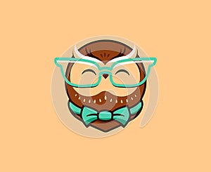 The cute owl head with glasses, bow. Vector logo, cartoon character