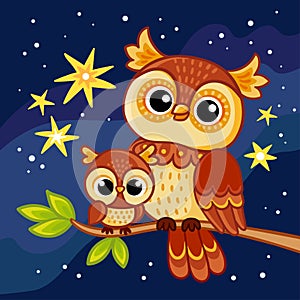 Cute owl with her cub sits on a branch against the backdrop of a starry night sky. Vector illustration in cartoon style