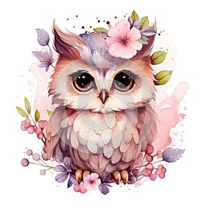 Cute owl isolated on white background. Watercolor cartoon illustration