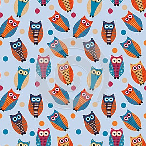 Cute owl kids seamless pattern, vintage style. Funny birds endless baby background. Vector illustration.