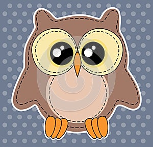 Cute owl label on dotted blue background