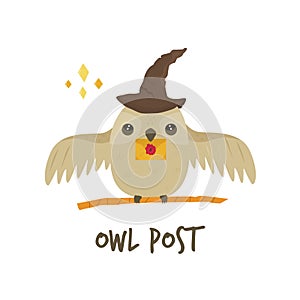 Cute owl in a magic hat with a letter. Owl post