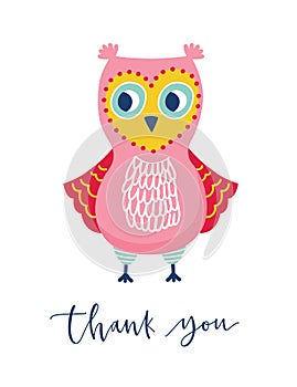 Cute owl or owlet and Thank You phrase handwritten with cursive calligraphic font. Funny adorable wise forest bird