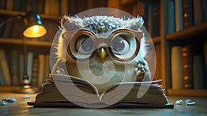 Cute owl reading book library night study