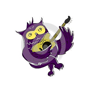 A Cute Owl Singing While Strumming His Guitar - Vector Illustration