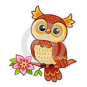 Cute owl sits on a branch with a flower. Vector illustration with a bird in a cartoon style