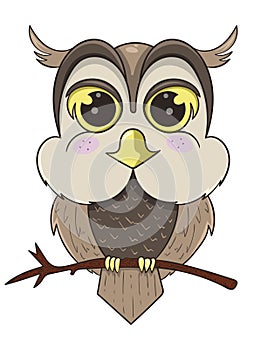 Cute owl sitting on branch, cartoon vector illustration