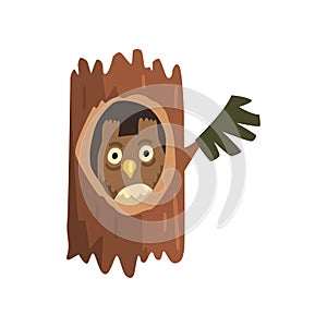 Cute owl sitting in hollow of tree, hollowed out old tree and cute animal cartoon character inside vector Illustration