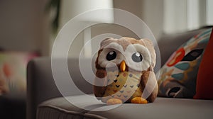Cute owl sitting on sofa at home, soft focus background.