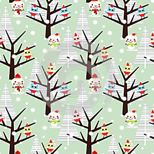 Cute owl and snowman in Christmas season seamless pattern.