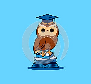 The cute owl student with books. Vector logo, cartoon character, logotype