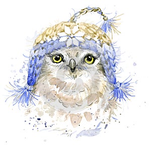 Cute owl T-shirt graphics, watercolor forest owl illustration